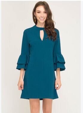 SHE + SKY Teal Shift Dress Sz MEDIUM M Choker Neck Cutout 3 Tier Ruffle Sleeves
